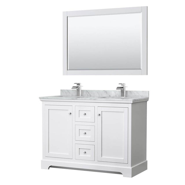 Wyndham Collection - Avery 48 Inch Double Bathroom Vanity in White, White Carrara Marble Countertop, Undermount Square Sinks, 46 Inch Mirror