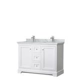 Wyndham Collection - Avery 48 Inch Double Bathroom Vanity in White, White Carrara Marble Countertop, Undermount Square Sinks, No Mirror