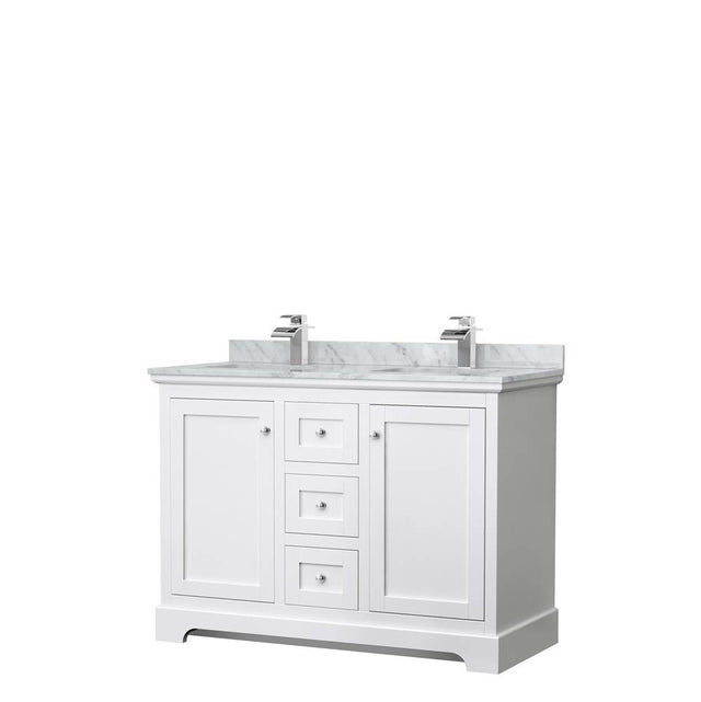 Wyndham Collection - Avery 48 Inch Double Bathroom Vanity in White, White Carrara Marble Countertop, Undermount Square Sinks, No Mirror