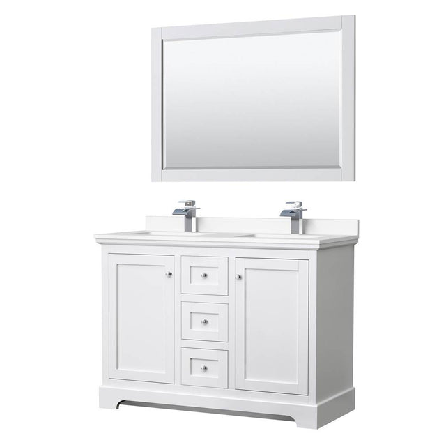 Wyndham Collection - Avery 48 Inch Double Bathroom Vanity in White, White Cultured Marble Countertop, Undermount Square Sinks, 46 Inch Mirror