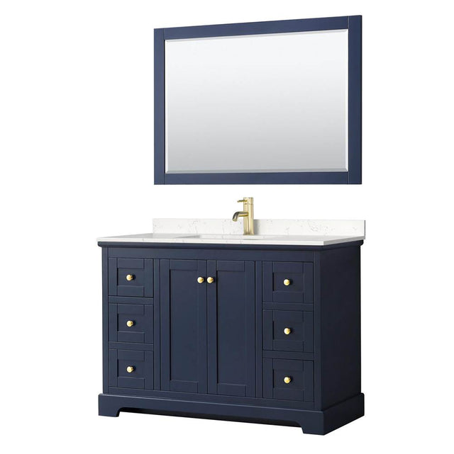 Wyndham Collection - Avery 48 Inch Single Bathroom Vanity in Dark Blue, Carrara Cultured Marble Countertop, Undermount Square Sink, 46 Inch Mirror