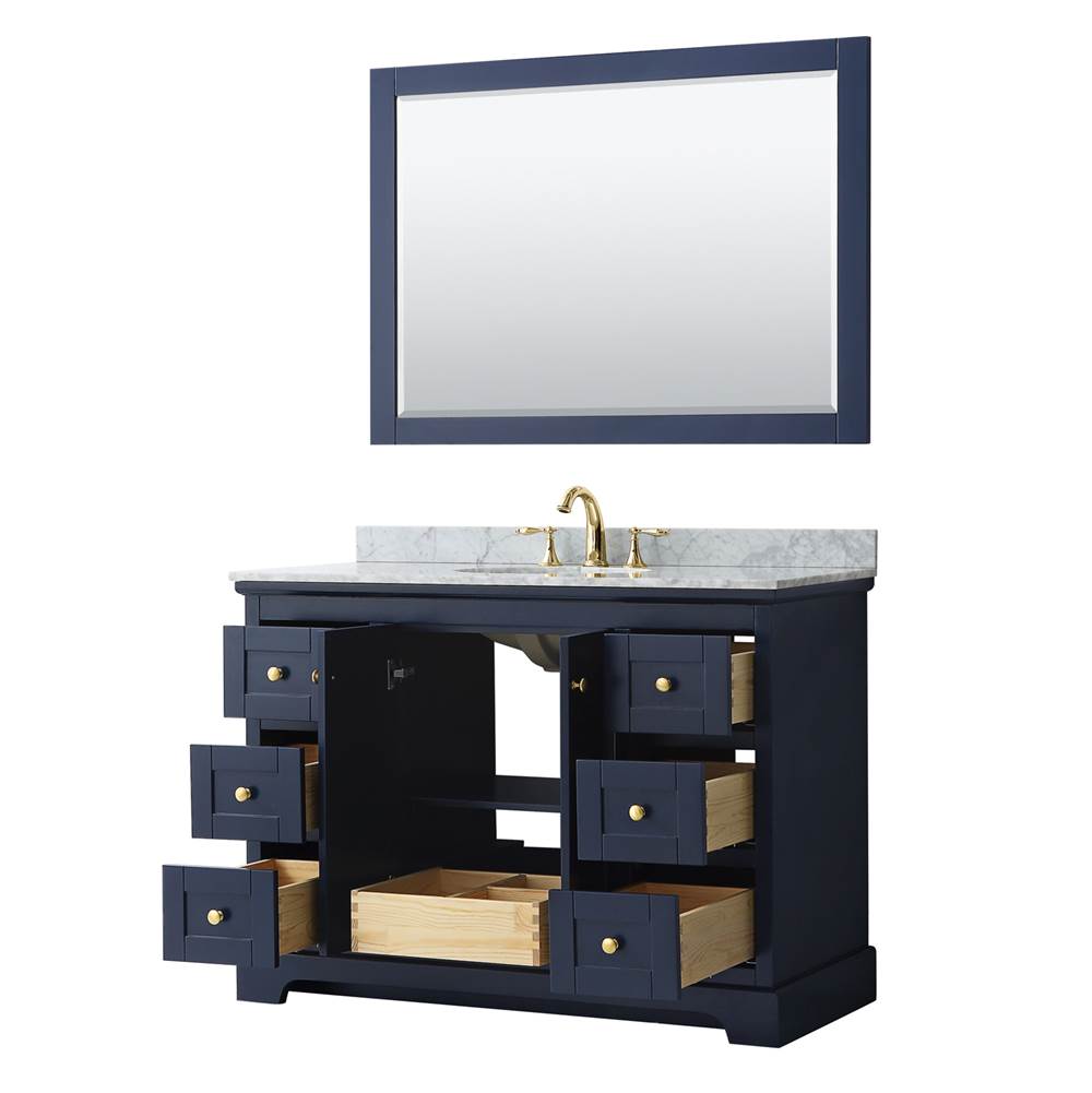 Avery 48 Inch Single Bathroom Vanity in Dark Blue, White Carrara Marble Countertop, Undermount Oval Sink, and 46 Inch Mirror