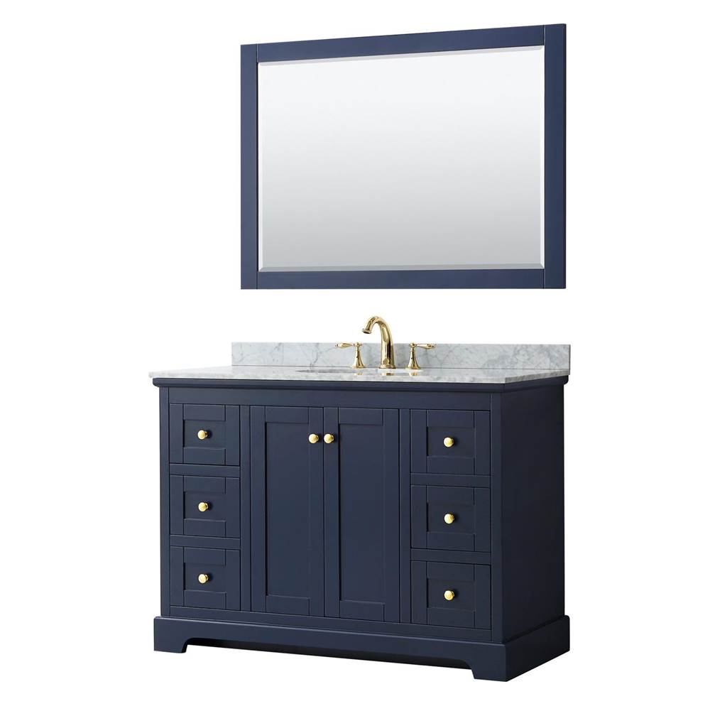 Wyndham Collection - Avery 48 Inch Single Bathroom Vanity in Dark Blue, White Carrara Marble Countertop, Undermount Oval Sink, and 46 Inch Mirror - Dark Blue