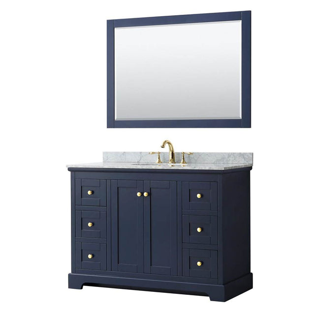 Wyndham Collection - Avery 48 Inch Single Bathroom Vanity in Dark Blue, White Carrara Marble Countertop, Undermount Oval Sink, and 46 Inch Mirror - Dark Blue