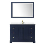 Avery 48 Inch Single Bathroom Vanity in Dark Blue, White Cultured Marble Countertop, Undermount Square Sink, 46 Inch Mirror