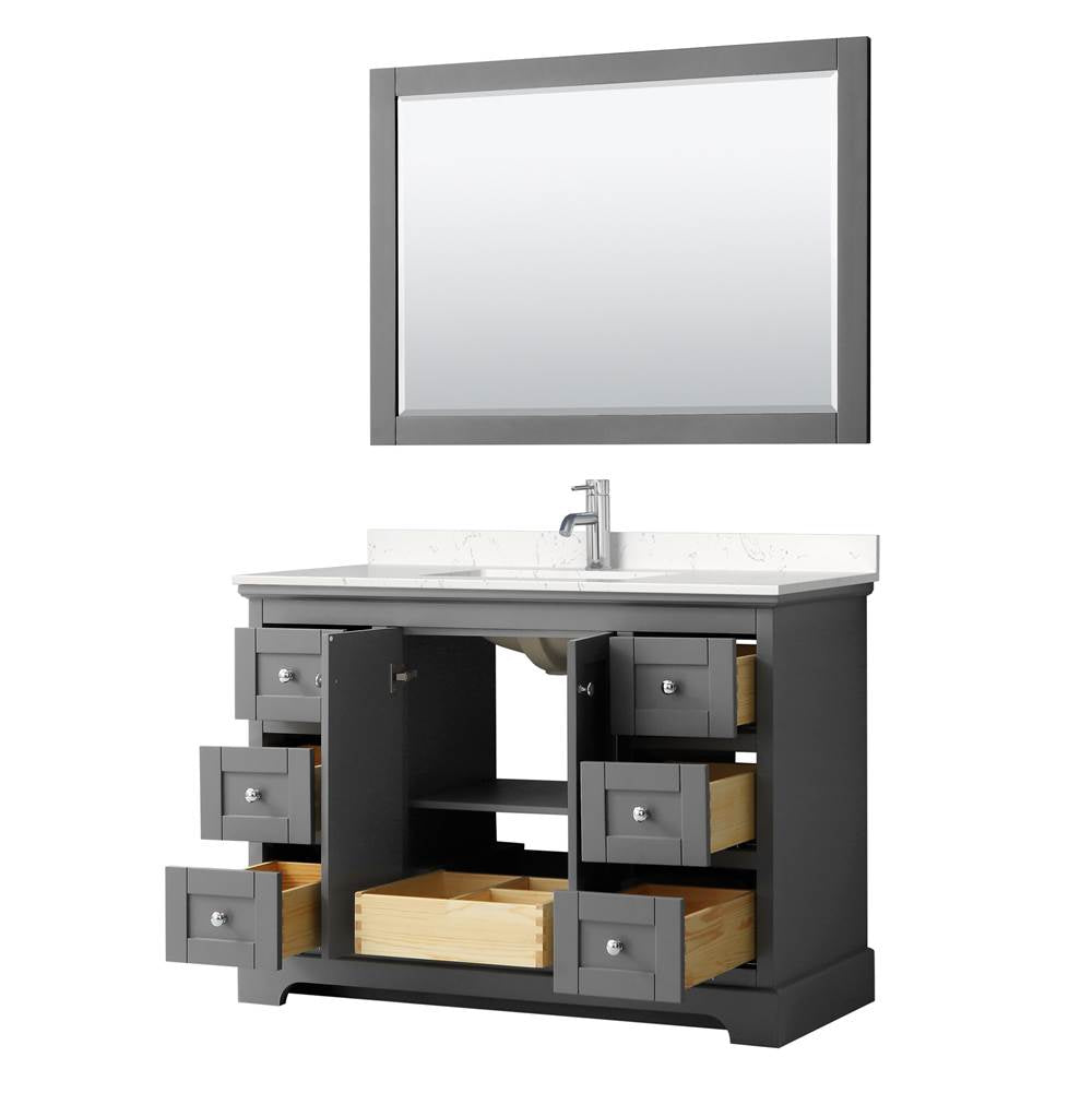 Avery 48 Inch Single Bathroom Vanity in Dark Gray, Carrara Cultured Marble Countertop, Undermount Square Sink, 46 Inch Mirror