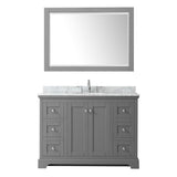 Avery 48 Inch Single Bathroom Vanity in Dark Blue, White Carrara Marble Countertop, Undermount Oval Sink, and 46 Inch Mirror