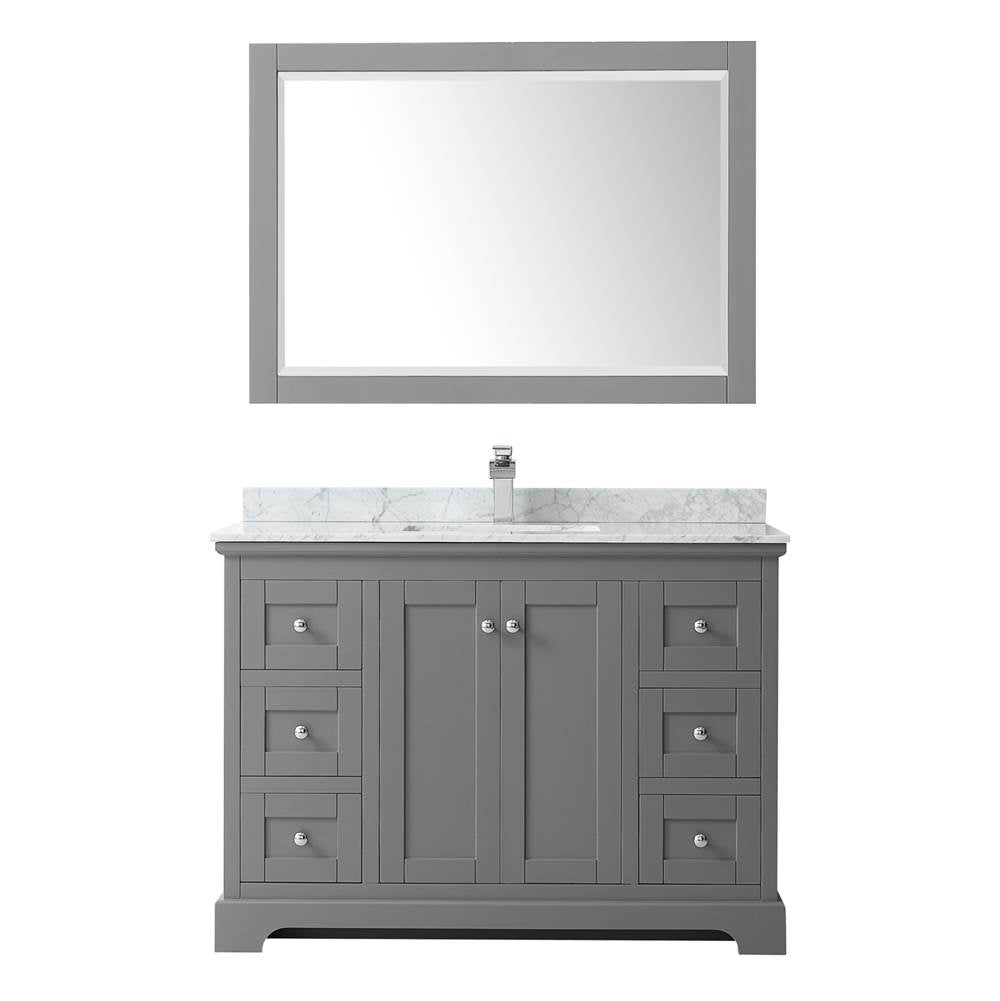 Avery 48 Inch Single Bathroom Vanity in Dark Blue, White Carrara Marble Countertop, Undermount Square Sink, and 46 Inch Mirror