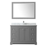 Avery 48 Inch Single Bathroom Vanity in Dark Blue, White Carrara Marble Countertop, Undermount Square Sink, and 46 Inch Mirror