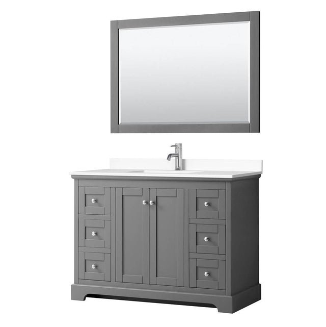 Wyndham Collection - Avery 48 Inch Single Bathroom Vanity in Dark Gray, White Cultured Marble Countertop, Undermount Square Sink, 46 Inch Mirror