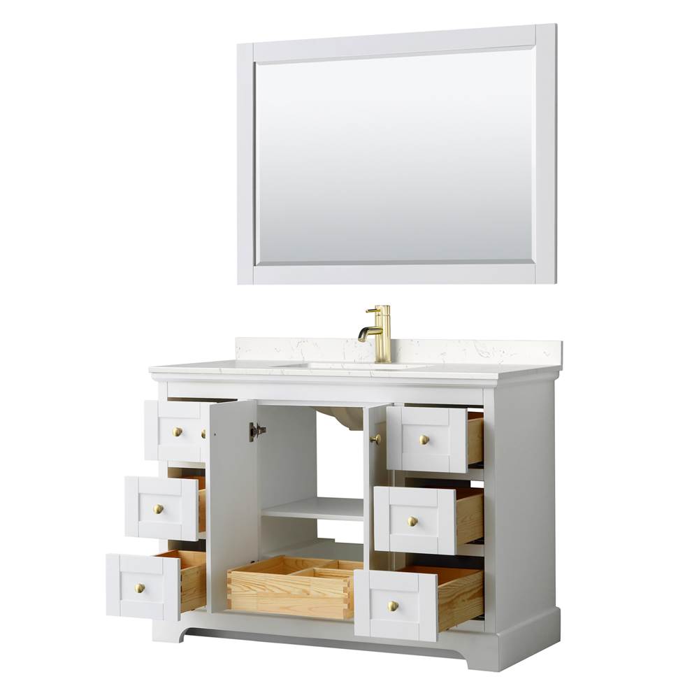 Avery 48 Inch Single Bathroom Vanity in White, Carrara Cultured Marble Countertop, Undermount Square Sink, 46 Inch Mirror, Brushed Gold Trim