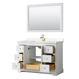 Avery 48 Inch Single Bathroom Vanity in White, Carrara Cultured Marble Countertop, Undermount Square Sink, 46 Inch Mirror, Brushed Gold Trim