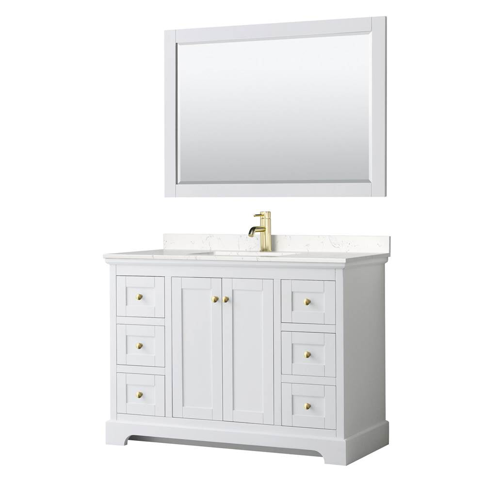 Wyndham Collection - Avery 48 Inch Single Bathroom Vanity in White, Carrara Cultured Marble Countertop, Undermount Square Sink, 46 Inch Mirror, Brushed Gold Trim