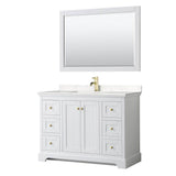Wyndham Collection - Avery 48 Inch Single Bathroom Vanity in White, Carrara Cultured Marble Countertop, Undermount Square Sink, 46 Inch Mirror, Brushed Gold Trim