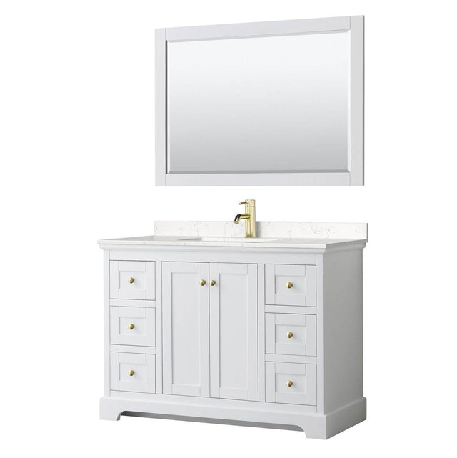 Wyndham Collection - Avery 48 Inch Single Bathroom Vanity in White, Carrara Cultured Marble Countertop, Undermount Square Sink, 46 Inch Mirror, Brushed Gold Trim
