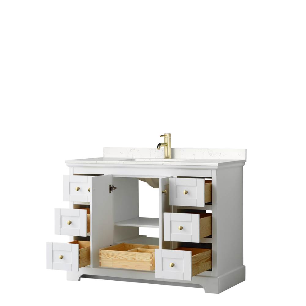Avery 48 Inch Single Bathroom Vanity in White, Carrara Cultured Marble Countertop, Undermount Square Sink, Brushed Gold Trim