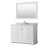 Wyndham Collection - Avery 48 Inch Single Bathroom Vanity in White, White Carrara Marble Countertop, Undermount Oval Sink, 46 Inch Mirror, Brushed Gold Trim