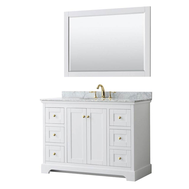 Wyndham Collection - Avery 48 Inch Single Bathroom Vanity in White, White Carrara Marble Countertop, Undermount Oval Sink, 46 Inch Mirror, Brushed Gold Trim