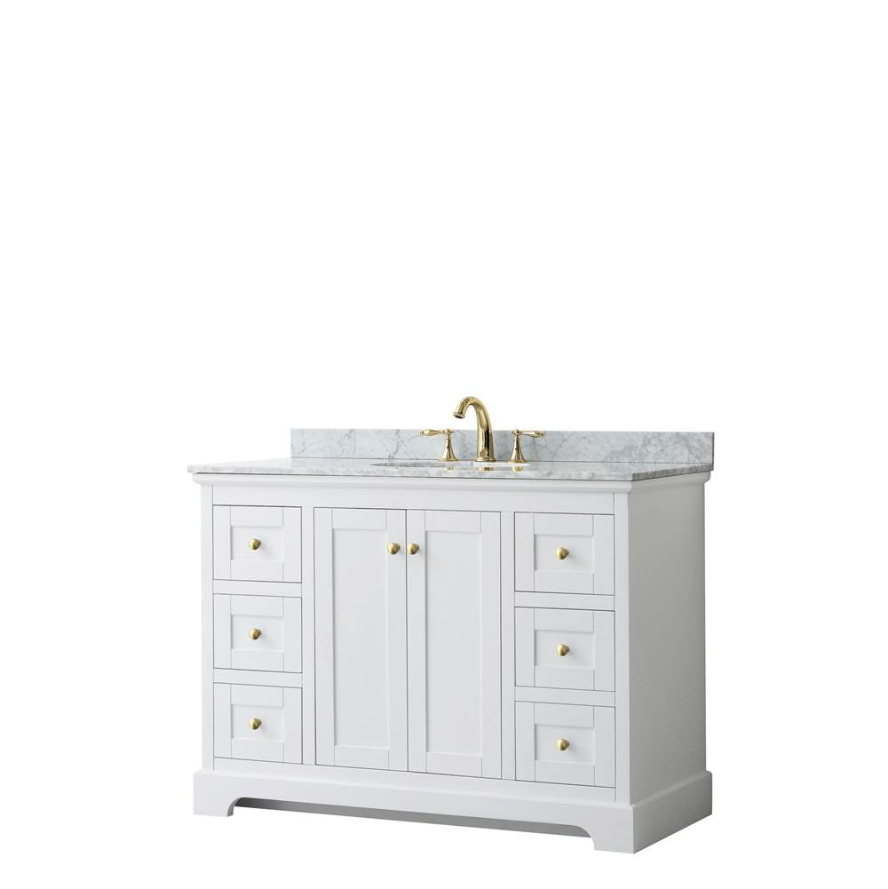 Wyndham Collection - Avery 48 Inch Single Bathroom Vanity in White, White Carrara Marble Countertop, Undermount Oval Sink, Brushed Gold Trim