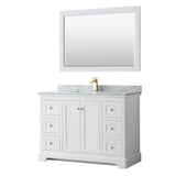 Wyndham Collection - Avery 48 Inch Single Bathroom Vanity in White, White Carrara Marble Countertop, Undermount Square Sink, 46 Inch Mirror, Brushed Gold Trim