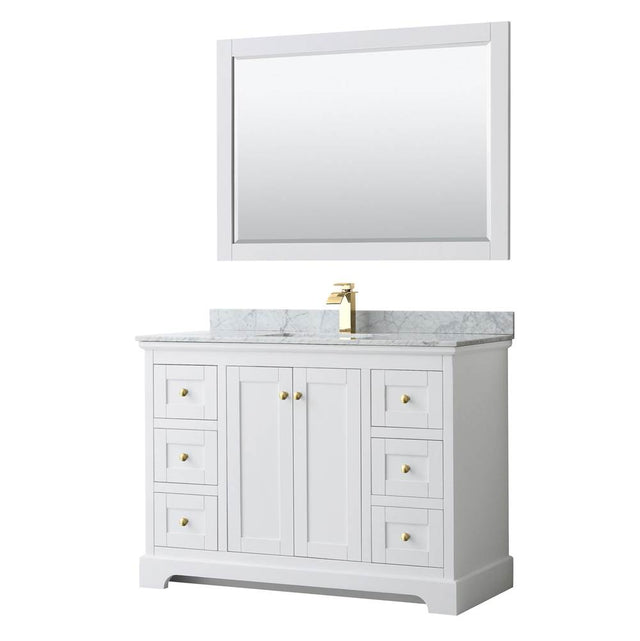 Wyndham Collection - Avery 48 Inch Single Bathroom Vanity in White, White Carrara Marble Countertop, Undermount Square Sink, 46 Inch Mirror, Brushed Gold Trim