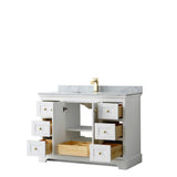 Avery 48 Inch Single Bathroom Vanity in White, White Carrara Marble Countertop, Undermount Square Sink, Brushed Gold Trim