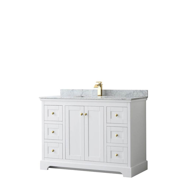 Wyndham Collection - Avery 48 Inch Single Bathroom Vanity in White, White Carrara Marble Countertop, Undermount Square Sink, Brushed Gold Trim