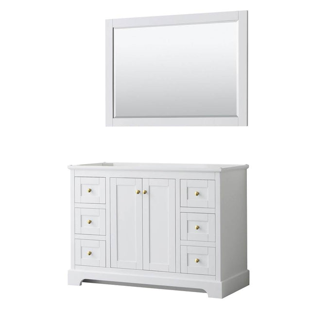 Wyndham Collection - Avery 48 Inch Single Bathroom Vanity in White, No Countertop, No Sink, 46 Inch Mirror, Brushed Gold Trim