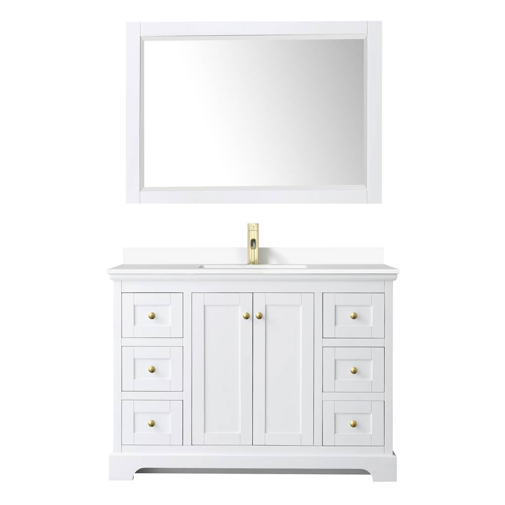 Avery 48 Inch Single Bathroom Vanity in White, White Cultured Marble Countertop, Undermount Square Sink, 46 Inch Mirror, Brushed Gold Trim