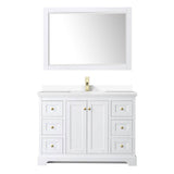 Avery 48 Inch Single Bathroom Vanity in White, White Cultured Marble Countertop, Undermount Square Sink, 46 Inch Mirror, Brushed Gold Trim