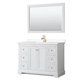 Wyndham Collection - Avery 48 Inch Single Bathroom Vanity in White, White Cultured Marble Countertop, Undermount Square Sink, 46 Inch Mirror, Brushed Gold Trim