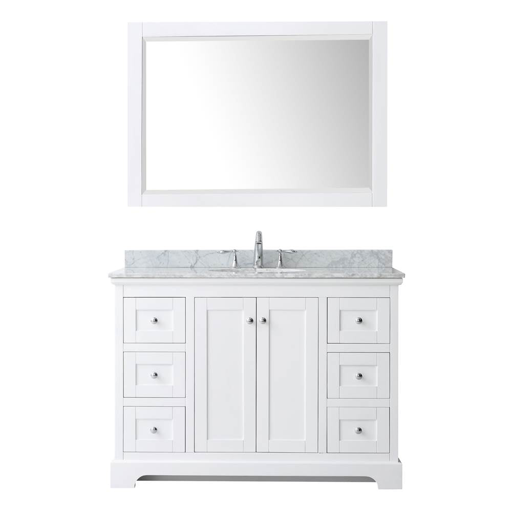 Avery 48 Inch Single Bathroom Vanity in Dark Blue, White Carrara Marble Countertop, Undermount Oval Sink, and 46 Inch Mirror