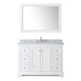 Avery 48 Inch Single Bathroom Vanity in Dark Blue, White Carrara Marble Countertop, Undermount Oval Sink, and 46 Inch Mirror