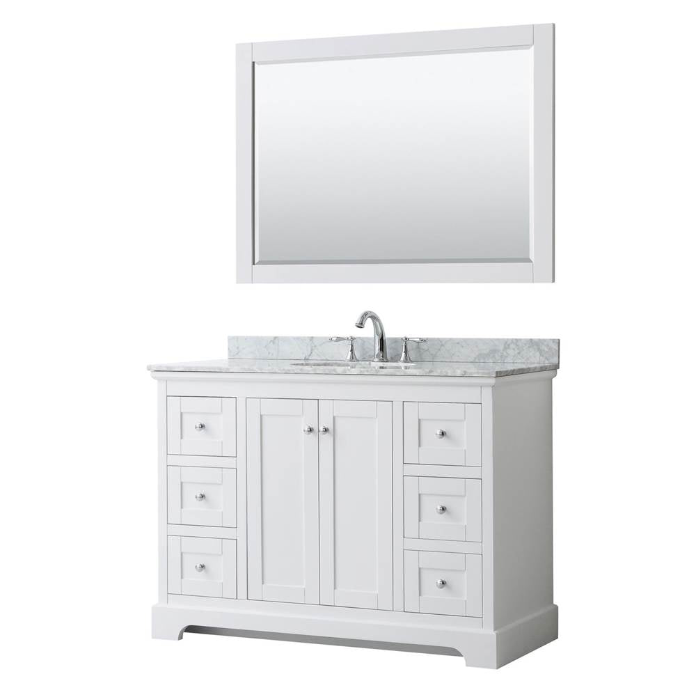 Wyndham Collection - Avery 48 Inch Single Bathroom Vanity in White, White Carrara Marble Countertop, Undermount Oval Sink, and 46 Inch Mirror - White