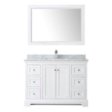 Avery 48 Inch Single Bathroom Vanity in Dark Blue, White Carrara Marble Countertop, Undermount Square Sink, and 46 Inch Mirror