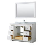 Avery 48 Inch Single Bathroom Vanity in Dark Blue, White Carrara Marble Countertop, Undermount Square Sink, and 46 Inch Mirror