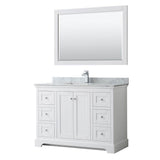 Wyndham Collection - Avery 48 Inch Single Bathroom Vanity in White, White Carrara Marble Countertop, Undermount Square Sink, and 46 Inch Mirror - White