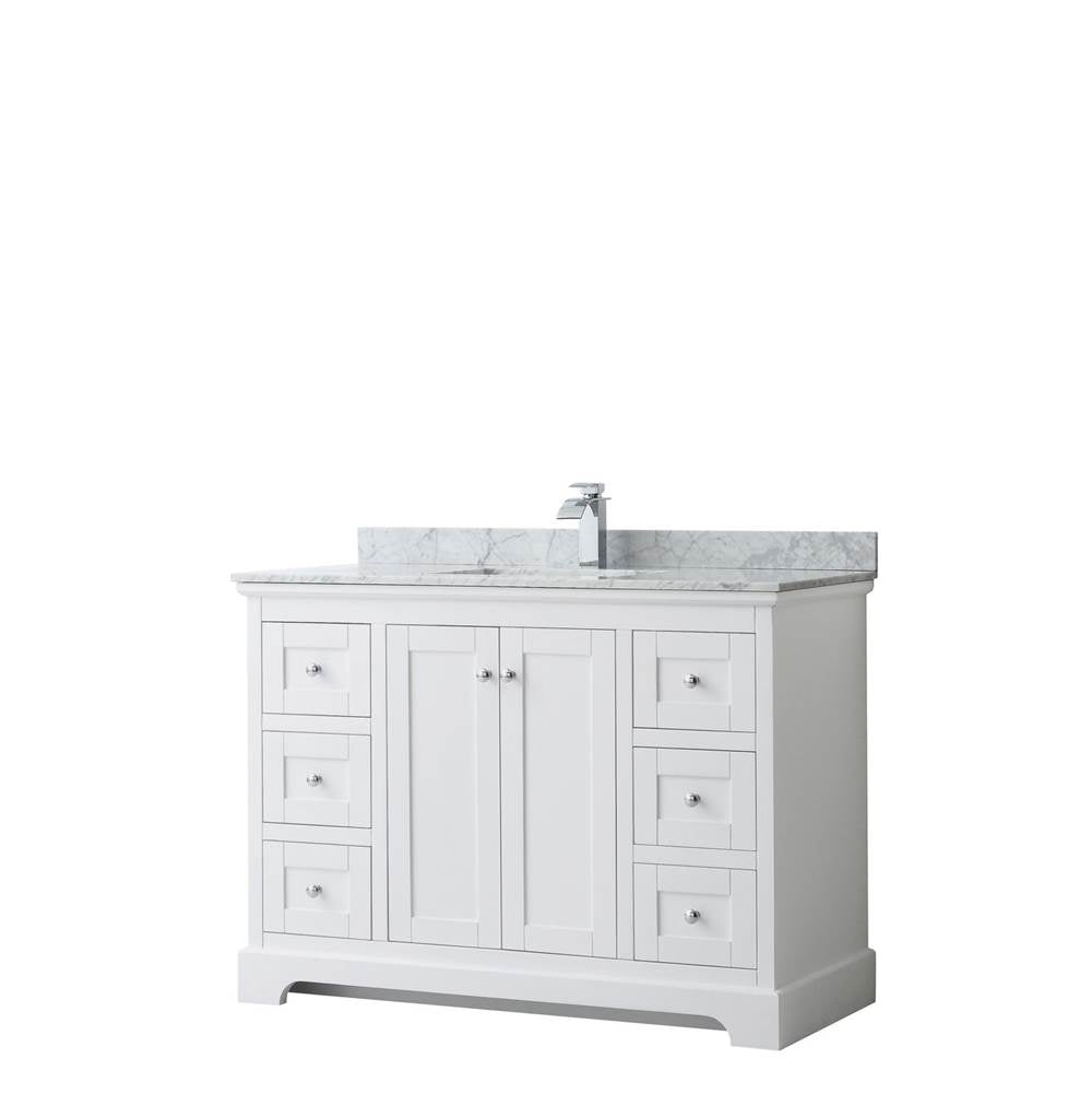 Wyndham Collection - Avery 48 Inch Single Bathroom Vanity in White, White Carrara Marble Countertop, Undermount Square Sink, and No Mirror - White