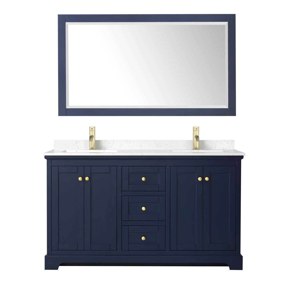 Avery 60 Inch Double Bathroom Vanity in Dark Blue, Carrara Cultured Marble Countertop, Undermount Square Sinks, 58 Inch Mirror
