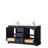 Avery 60 Inch Double Bathroom Vanity in Dark Blue, Carrara Cultured Marble Countertop, Undermount Square Sinks, No Mirror