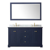 Avery 60 Inch Double Bathroom Vanity in Dark Blue, White Carrara Marble Countertop, Undermount Oval Sinks, and 58 Inch Mirror