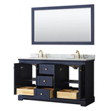 Avery 60 Inch Double Bathroom Vanity in Dark Blue, White Carrara Marble Countertop, Undermount Oval Sinks, and 58 Inch Mirror