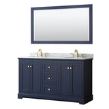Wyndham Collection - Avery 60 Inch Double Bathroom Vanity in Dark Blue, White Carrara Marble Countertop, Undermount Oval Sinks, and 58 Inch Mirror - Dark Blue