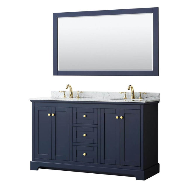 Wyndham Collection - Avery 60 Inch Double Bathroom Vanity in Dark Blue, White Carrara Marble Countertop, Undermount Oval Sinks, and 58 Inch Mirror - Dark Blue
