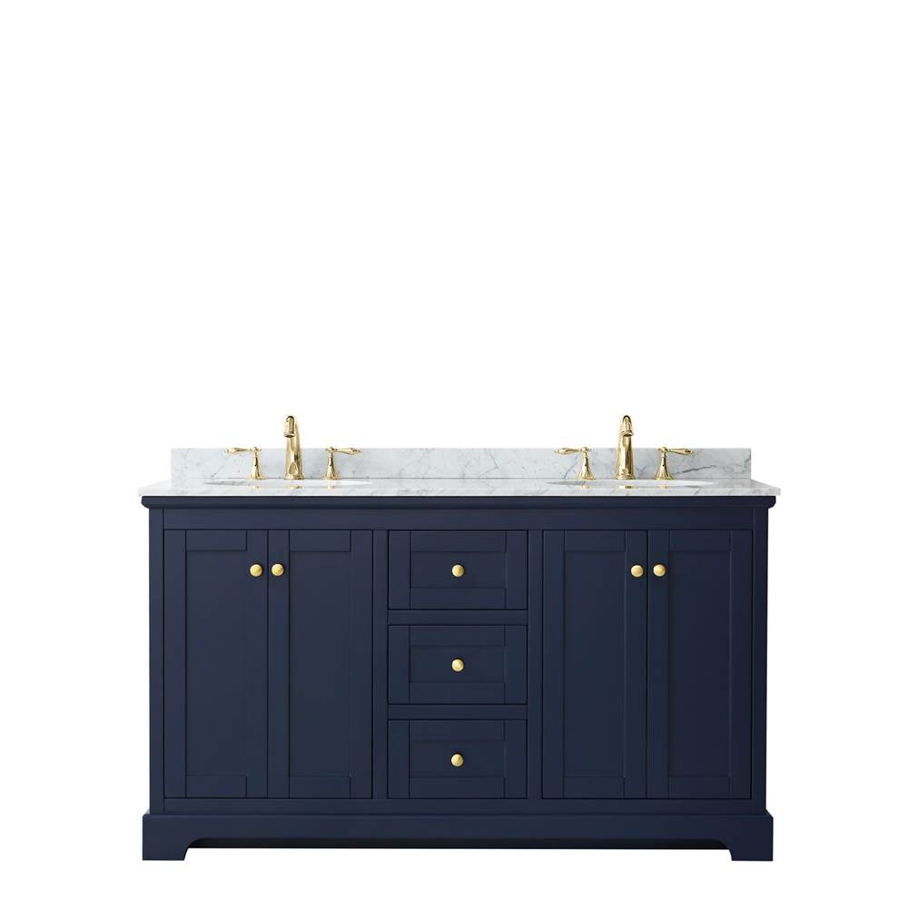 Avery 60 Inch Double Bathroom Vanity in Dark Blue, White Carrara Marble Countertop, Undermount Oval Sinks, and No Mirror