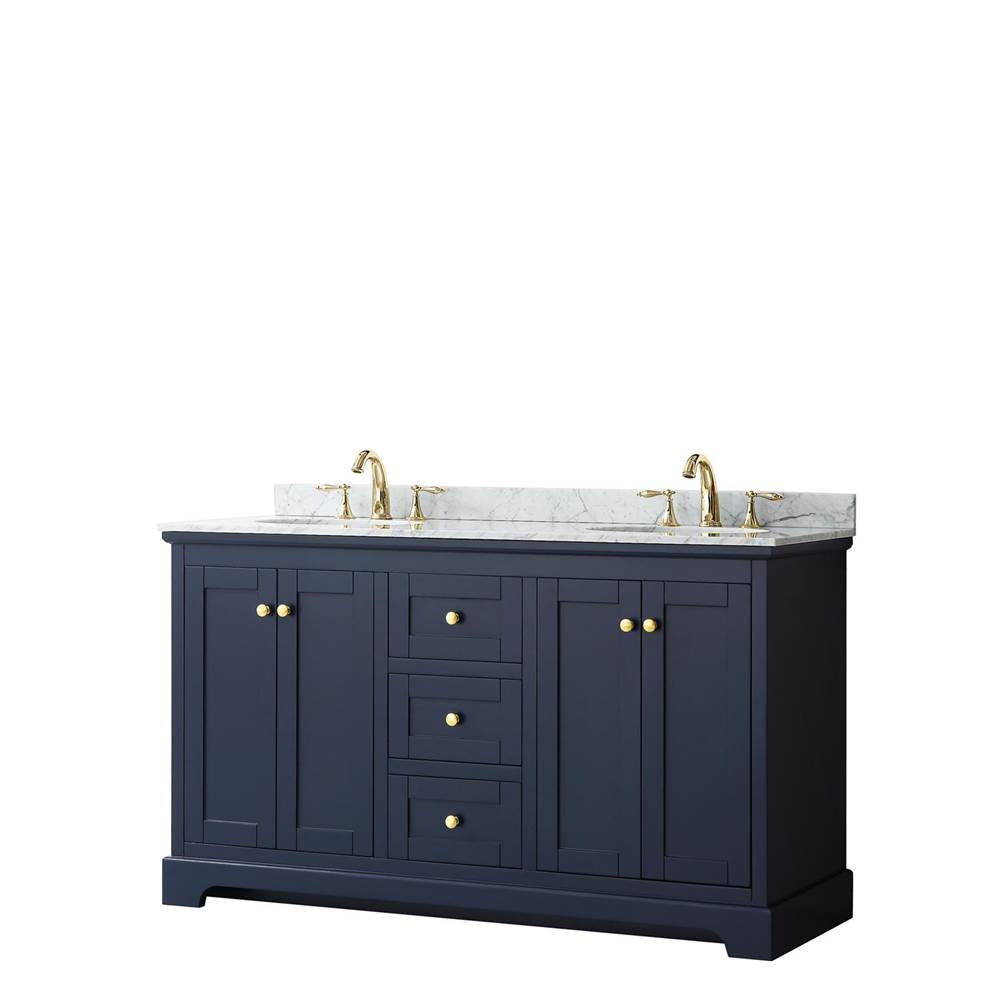 Wyndham Collection - Avery 60 Inch Double Bathroom Vanity in Dark Blue, White Carrara Marble Countertop, Undermount Oval Sinks, and No Mirror - Dark Blue