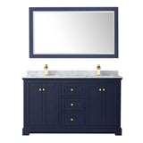 Avery 60 Inch Double Bathroom Vanity in Dark Blue, White Carrara Marble Countertop, Undermount Square Sinks, and 58 Inch Mirror