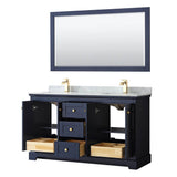 Avery 60 Inch Double Bathroom Vanity in Dark Blue, White Carrara Marble Countertop, Undermount Square Sinks, and 58 Inch Mirror