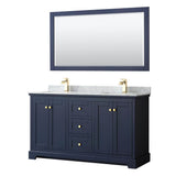 Wyndham Collection - Avery 60 Inch Double Bathroom Vanity in Dark Blue, White Carrara Marble Countertop, Undermount Square Sinks, and 58 Inch Mirror - Dark Blue
