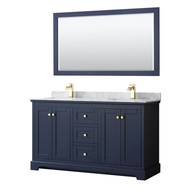 Wyndham Collection - Avery 60 Inch Double Bathroom Vanity in Dark Blue, White Carrara Marble Countertop, Undermount Square Sinks, and 58 Inch Mirror - Dark Blue